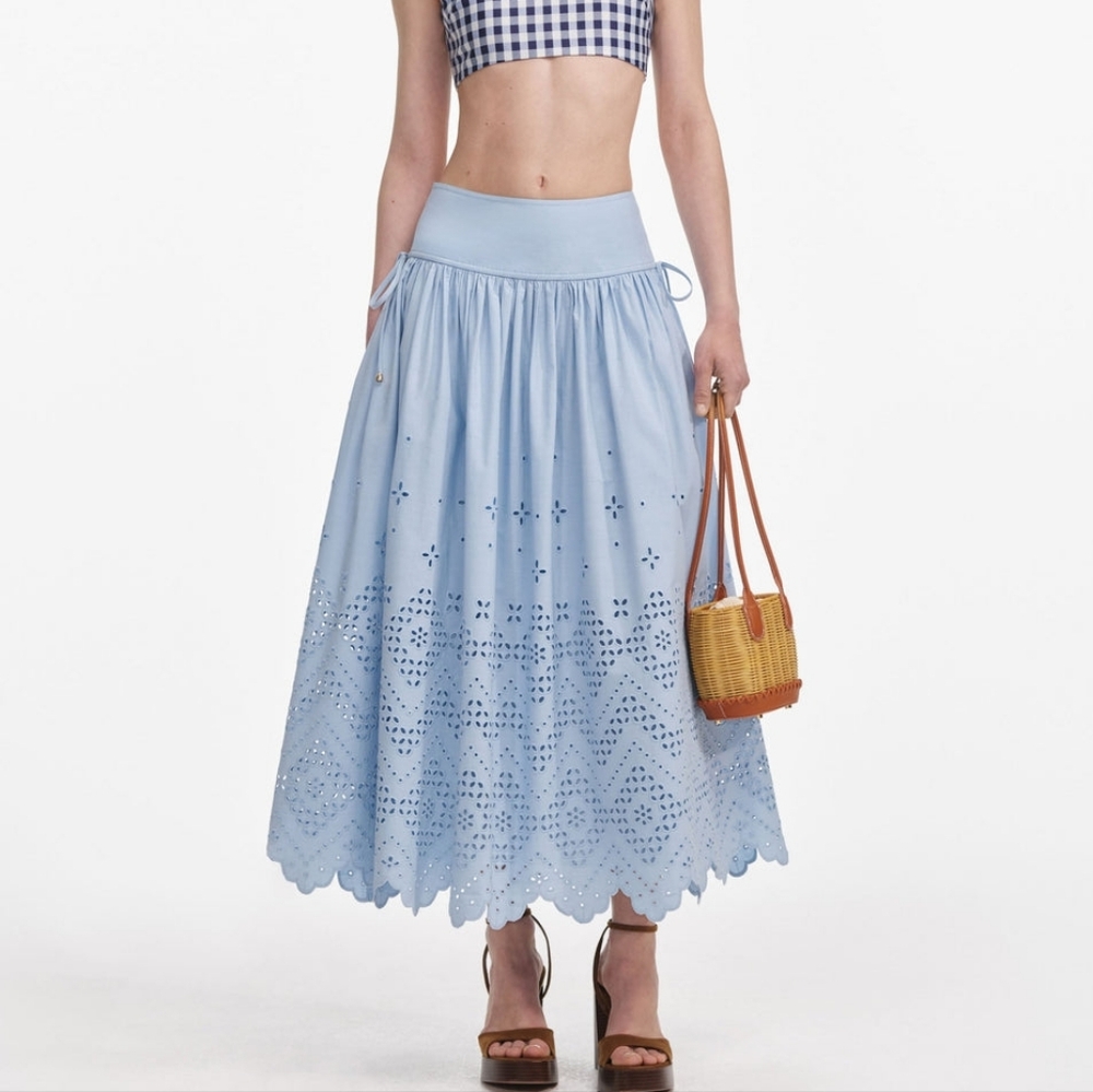 Self Portrait Blue Cotton Broderie Midi Skirt - Picture 1 of 12
